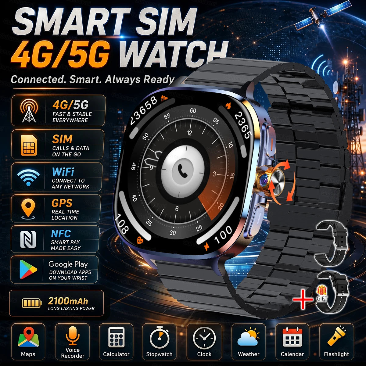 New 4G 5G Full Netcom Smartwatch 2.4 inch Amoled Screen Insert Sim Card GPS WIFI 190° Rotating Camera Game Android Smart Watch