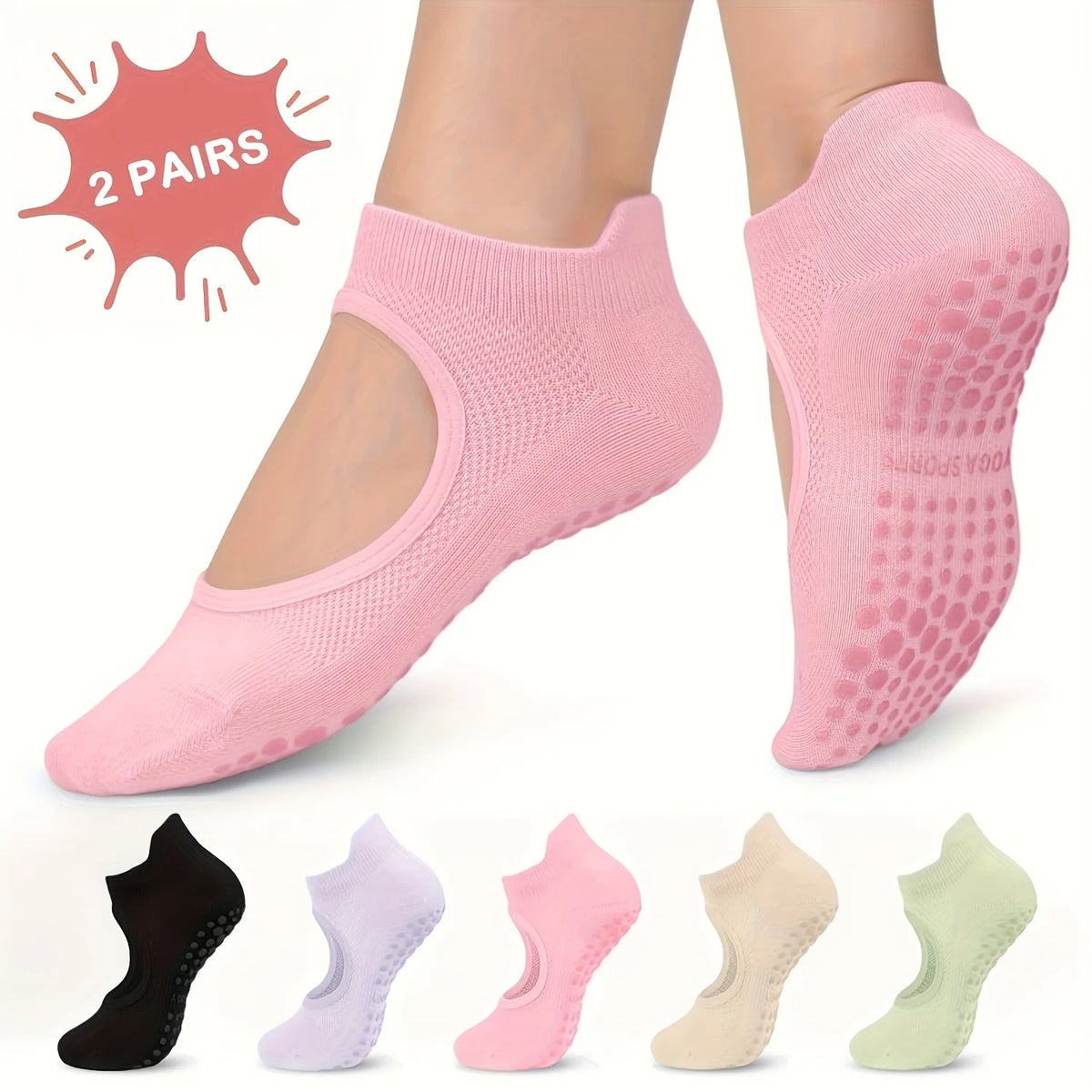 2 Pairs Fitness Yoga Pilates Bottom Silicone Non-Slip Socks Hollow Design Breathable Sweat Absorption