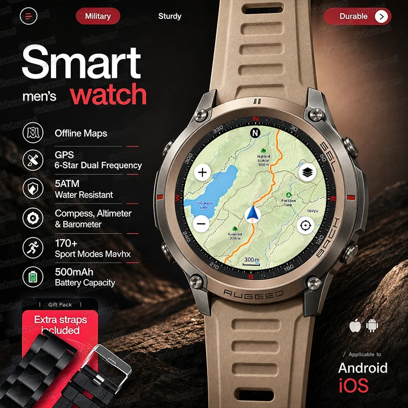 2026 New Google Maps Smart Watch GPS Route Tracking Offline Map Compass Fitness Tracker BT Call Rugged Outdoor HD Smartwatch Men