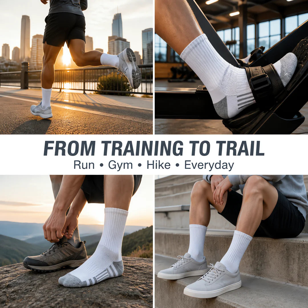 6 Pairs Unisex Crew Athletic Socks – Zoned Comfort Design, Ribbed Cuff, Gray Heel Toe & Striped Sole – Moisture-Wicking Performance Socks for Gym, Running & Casual Wear