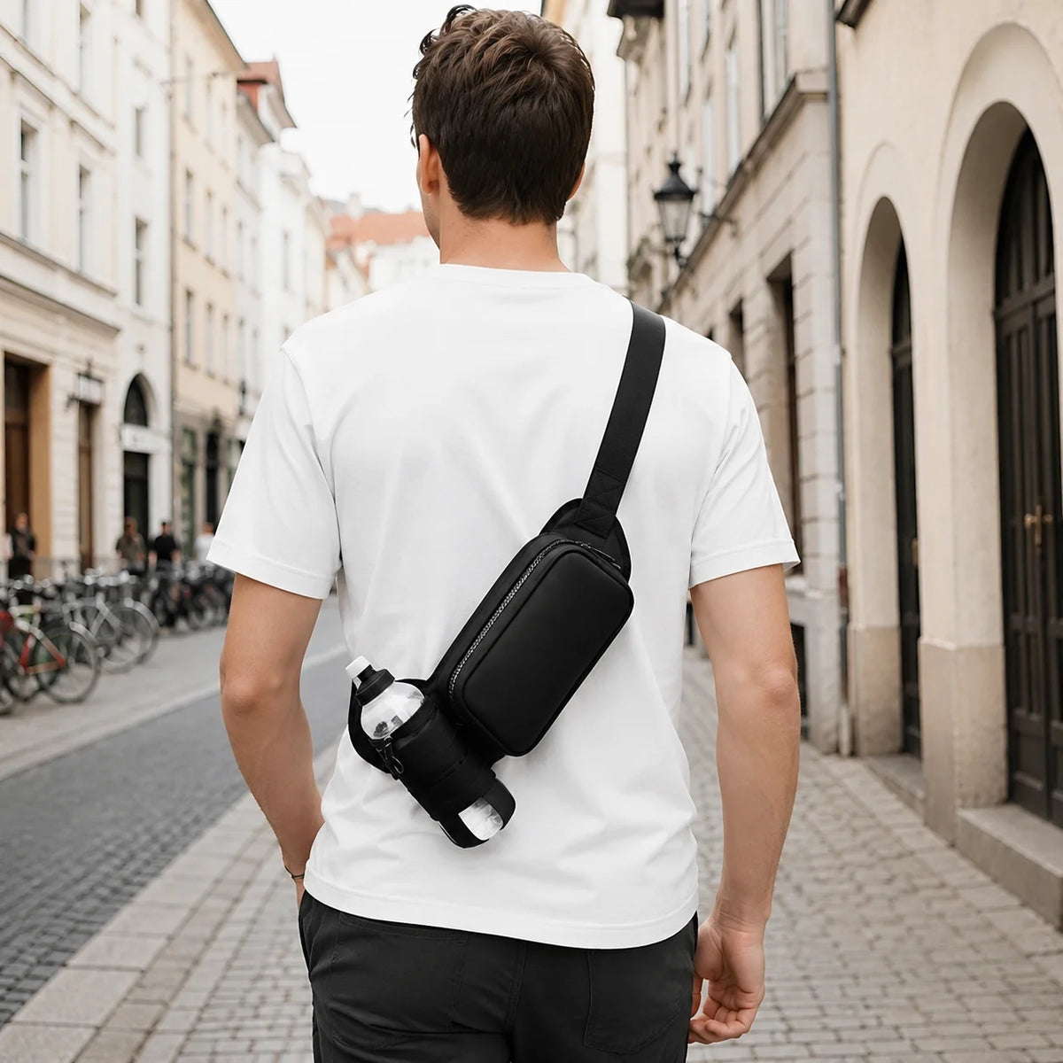 Black Waist Bag with Water Bottle Holder Adjustable Fanny Pack Crossbody Bag for Running Hiking Travel Outdoor Sports