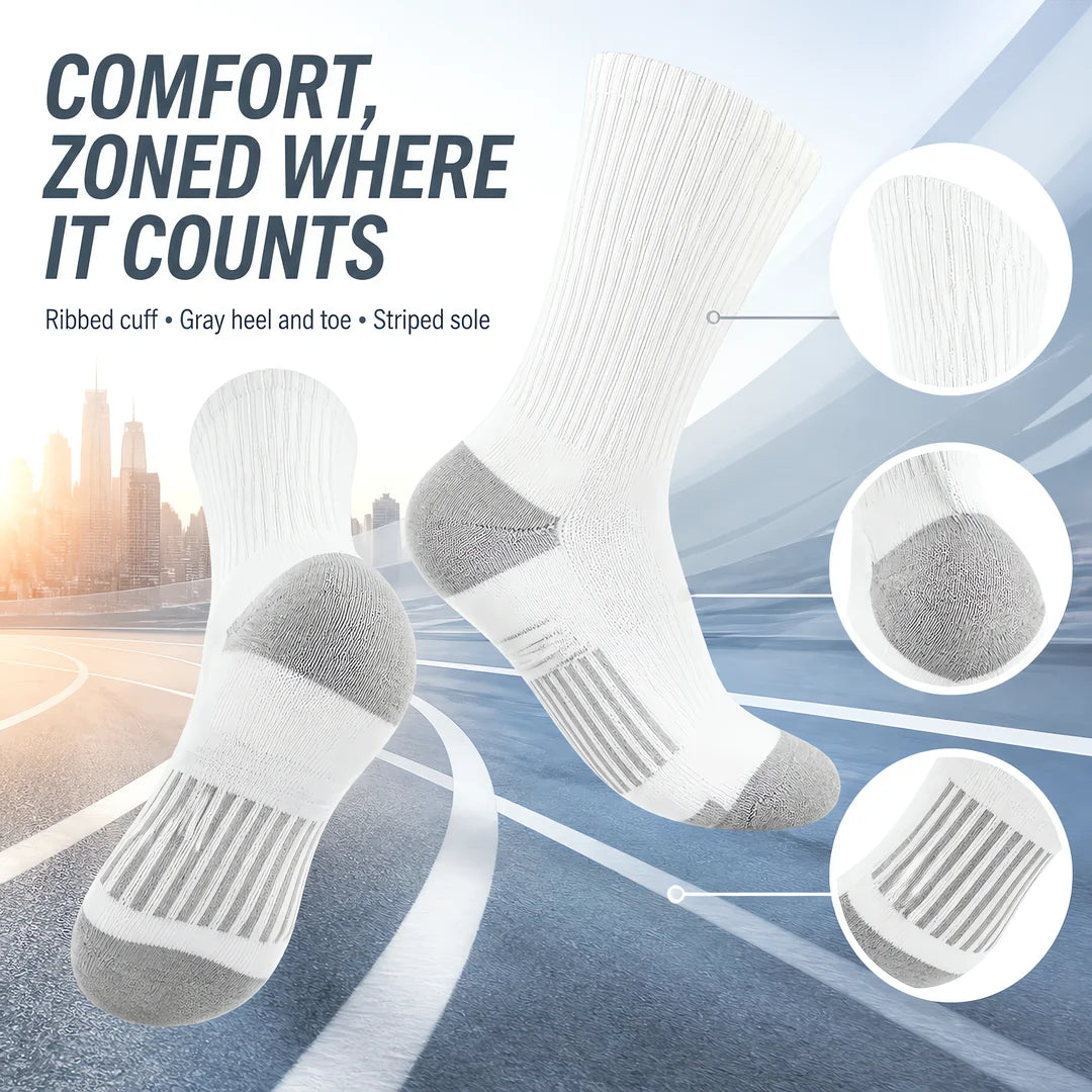 6 Pairs Unisex Crew Athletic Socks – Zoned Comfort Design, Ribbed Cuff, Gray Heel Toe & Striped Sole – Moisture-Wicking Performance Socks for Gym, Running & Casual Wear