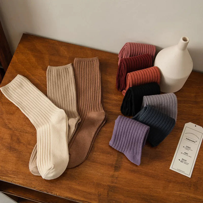 3 Pairs Lot Socks Sets Women Solid Color Elegant Retro Long Women Socks Breathable Japanese Style Casual Cotton Long Sock