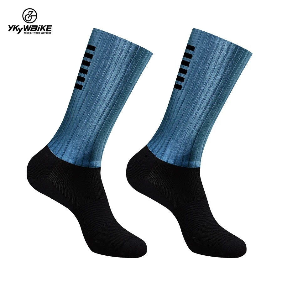 YKYWBIKE Anti Slip Silicone Aero Socks Whiteline Cycling Socks Men Bicycle Sport Running Bike Socks