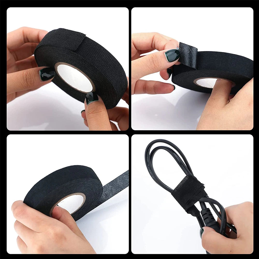 15/25M Wiring Harness Fabric Tape 9-32mm Self-Adhesive High Temp Cloth Electrical Insulating Tape for Automobile Noise Dampening
