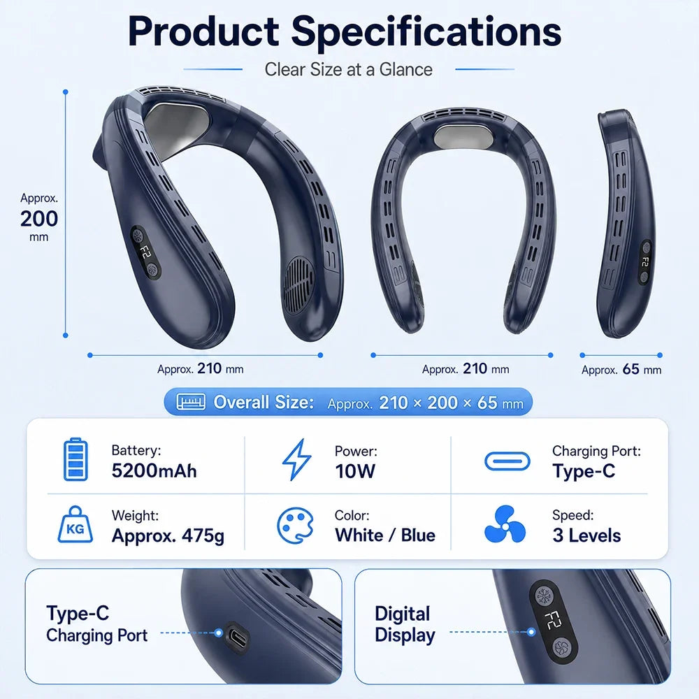 Semiconductor Cooling Portable Neck Air Conditioner Bladeless Rechargeable Neck Fan Personal Wearable Cooler