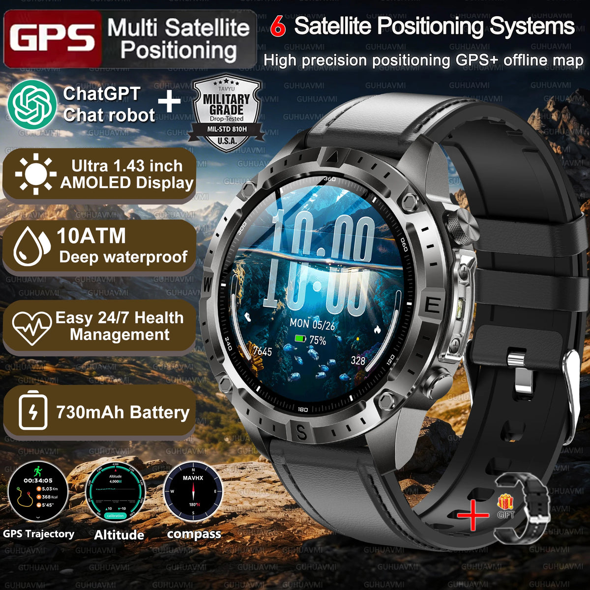 2026New Tank Grade Built in GPS SmartWatch Offline Map 10ATM Swim 2GB Music Compass Bluetooth Call Fitness Sports Smartwatch Men