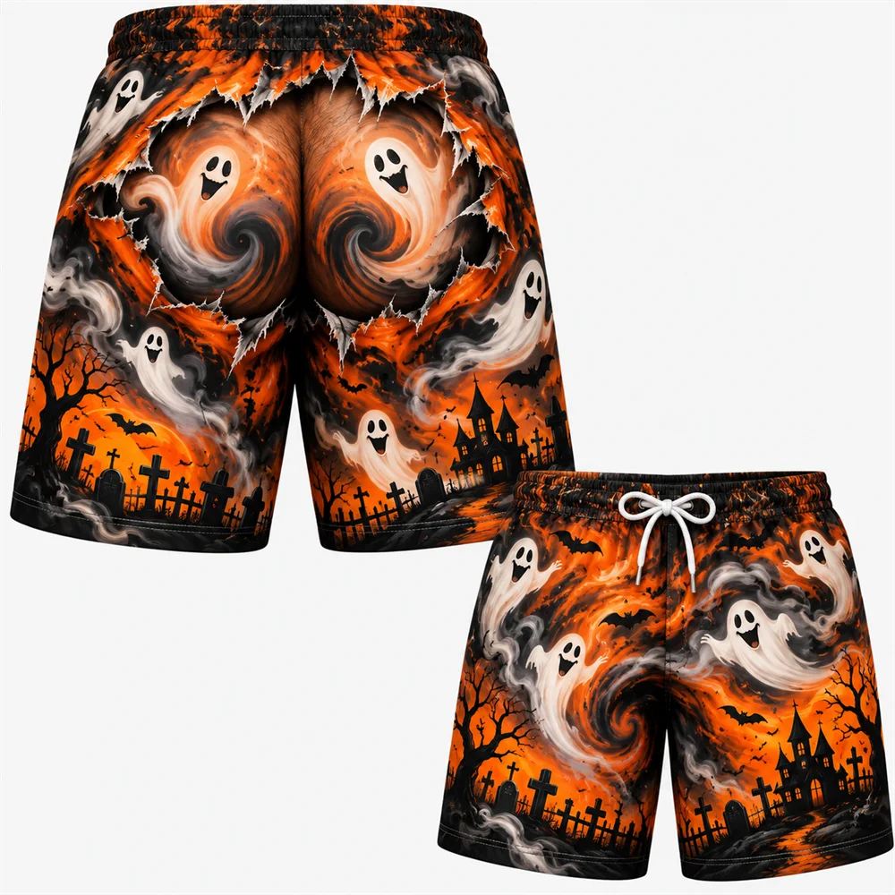 2026 Funny Halloween Fake Buttocks Board Shorts For Men 3D Jack O Lantern Print Loose Shorts Beach Elastic Waist Holiday Wear