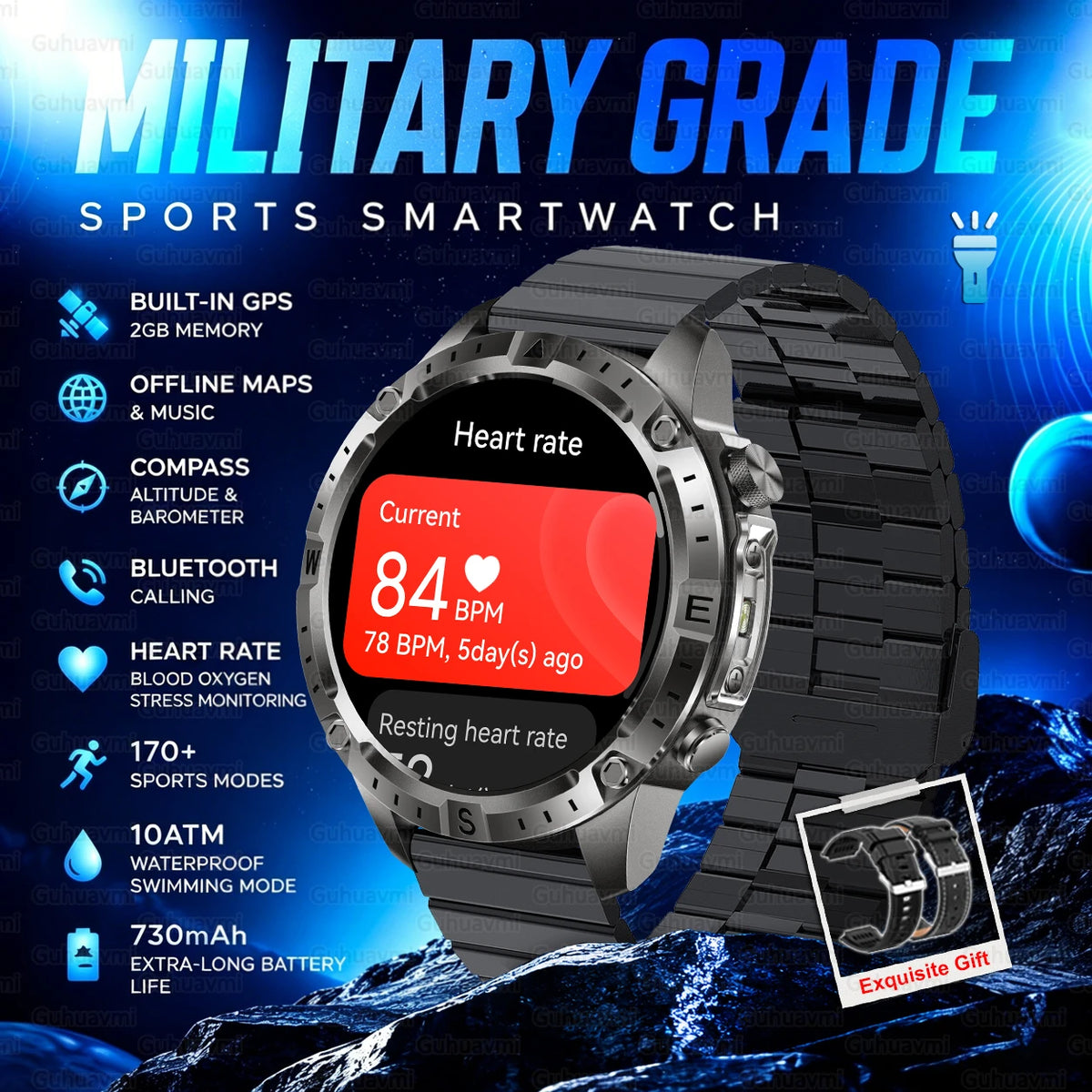 2026 New Rugged Military Smartwatch 2GB Memory GPS Offline Maps Compass 24H Heart Rate 10ATM Waterproof Bluetooth Sports Watches