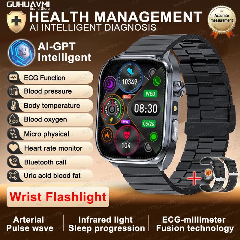 New Accurate Blood Pressure Smart Watch Uric Acid ECG+PPG Blood Oxygen Body Analysis Body Fat LED Flashlight smart watches 2025