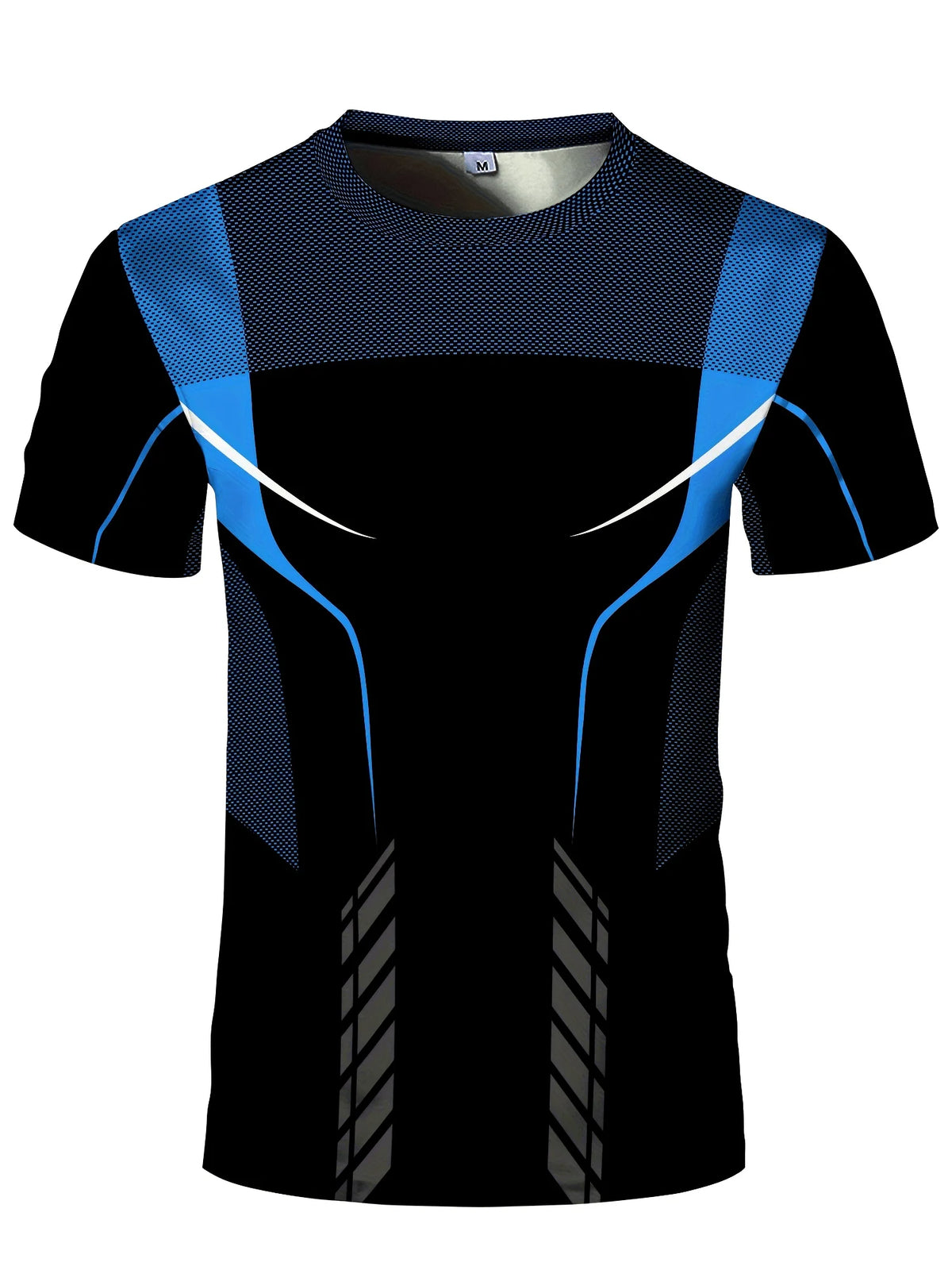 Men High Elastic Quick Dry Sports Compression Shirt Blue Line Mesh Print Short Sleeve Gym Running Training Top