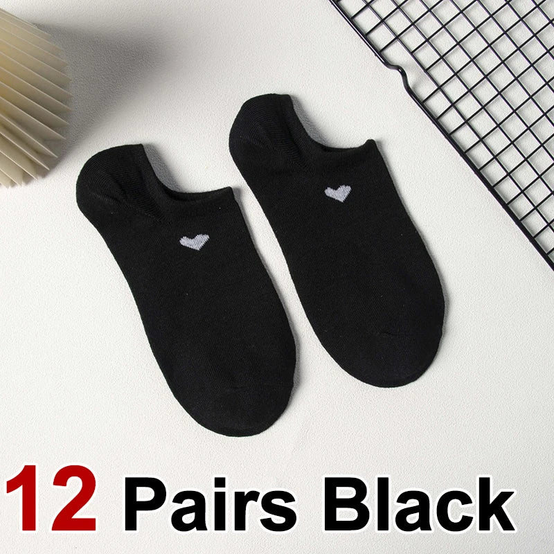 6/12 Pairs Solid Color Heart-Shaped Printed Women Short Socks Summer Breathable Soft Comfortable Simple Style Casual Socks