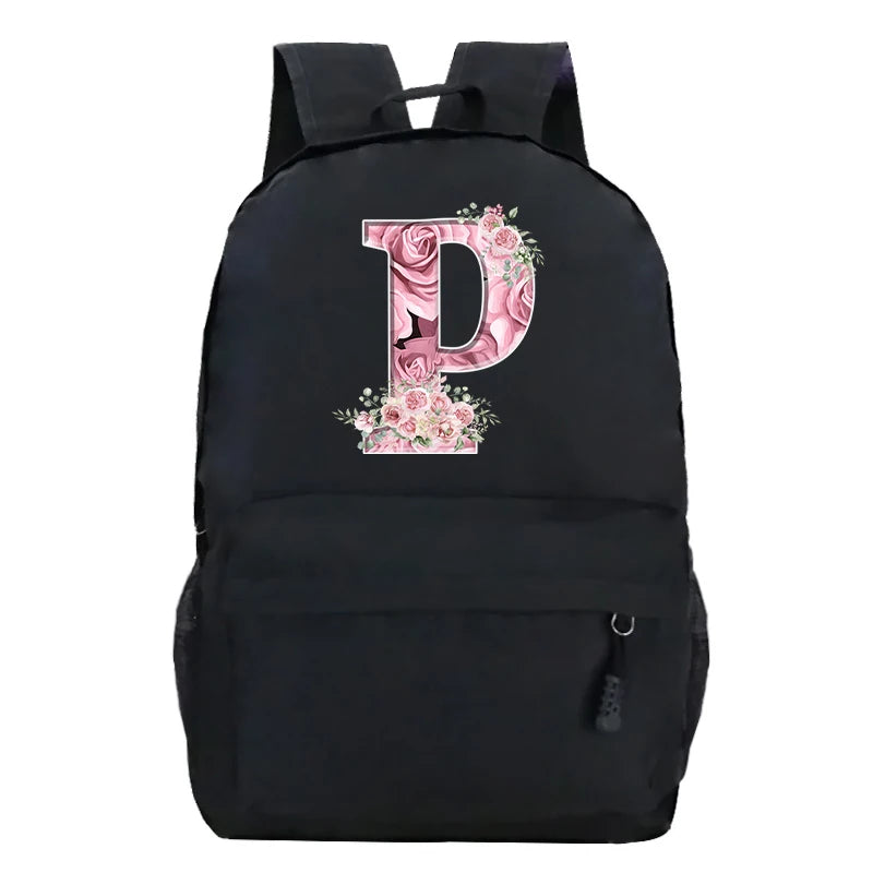 Pink Rose Alphabet Backpack Black Casual Women Aesthetics Rucksack Teenage Girl Boy Flower Letter School Bag Student Mochilas