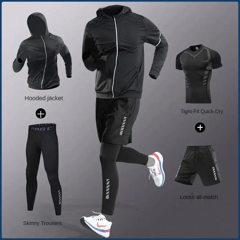 3-5Pcs Men's Ice Fiber Quick-Dry Running Fitness Full Set/Suit Tracksuit For Marathon, Training Cycling,Jogging,Gym