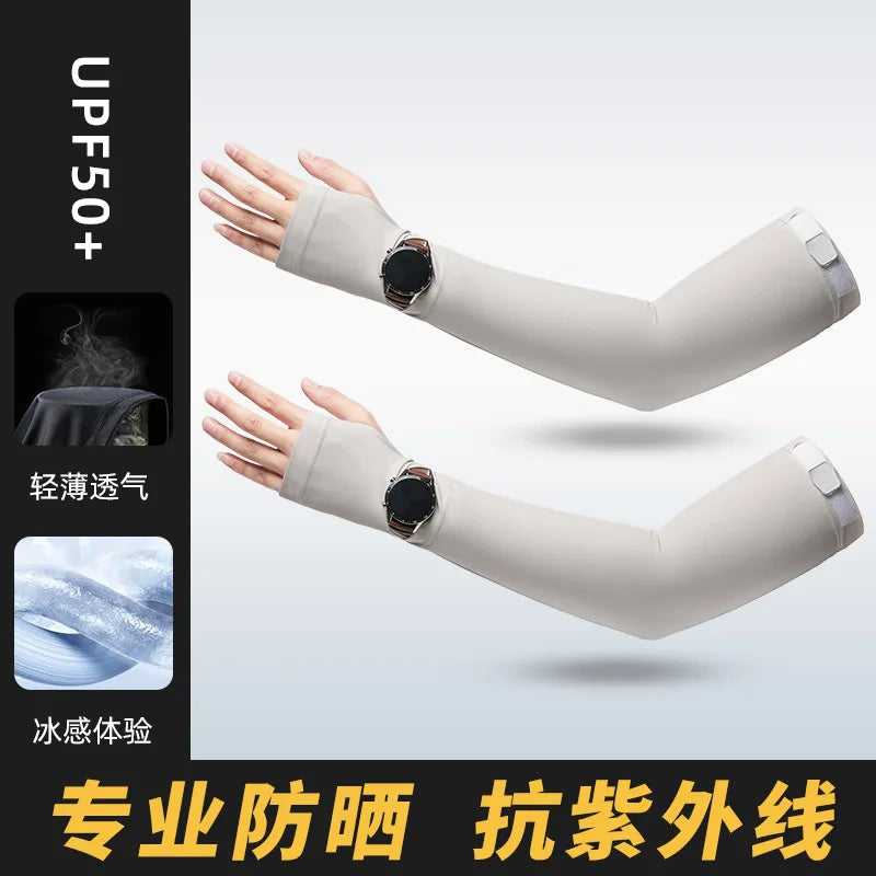 1Pair UPF50+ Cooling Arm Sleeves Breathable UV Protection Fingerless Outdoor Cycling Driving Sun Shield Moisture-absorbing Men