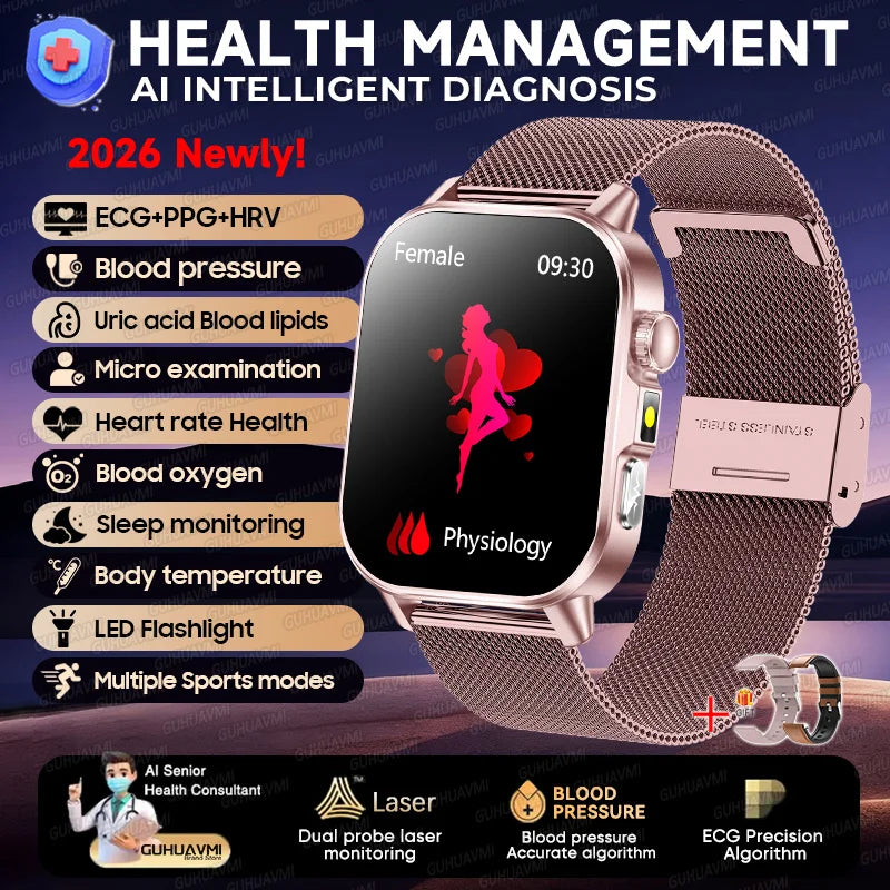 2026 New Micro Physical Examination Health Smartwatch Blood Pressure Uric Acid Blood Lipids Flashlight Care Smartwatch for Women