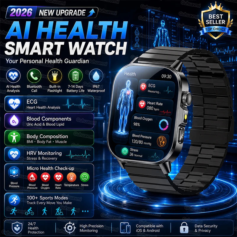 2026 New ECG+PPG Smart Healthy Diagnosis Surveillance Body Analysis Blood Pressure Lipid Uric Acid Health Smart Watches For Men
