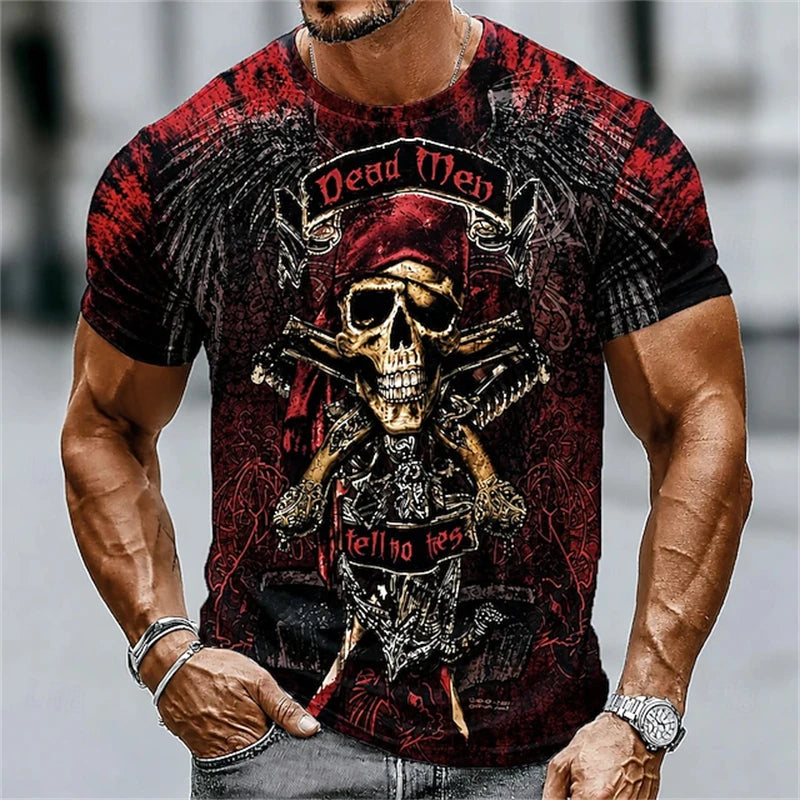 New Men's Halloween Crew-Neck Short-Sleeve T-Shirt Soldier Skull Blood Splatter Print Casual Streetwear Holiday Party Top
