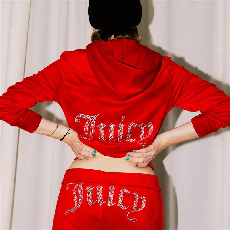 2026 New Spring And Autumn Tracksuit Women Velvet Diamond Long Sleeve Pants Hoodie Zipper Casual Two Piece Set