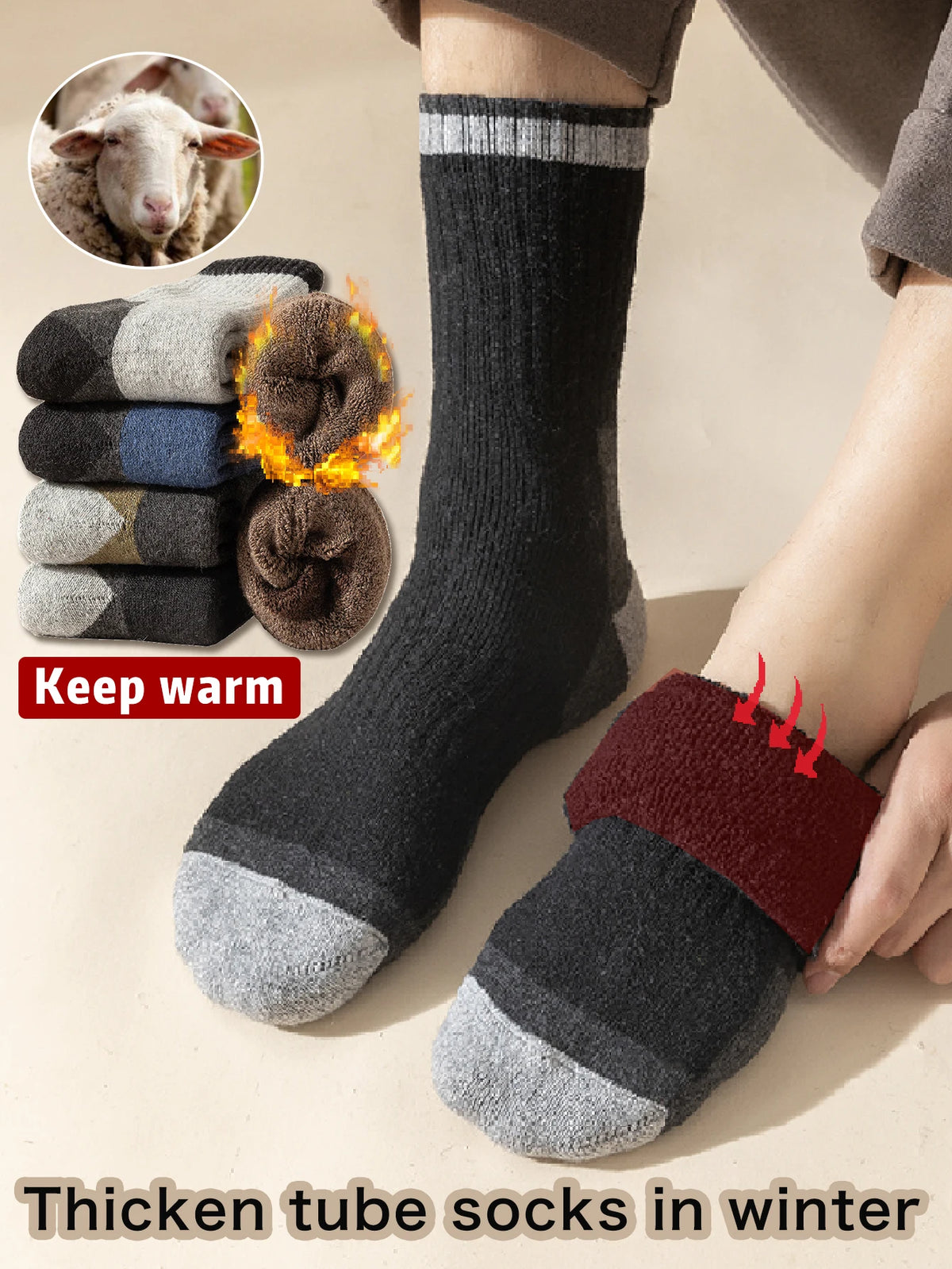 5 Pairs Men's Thickened Towel Socks for Hiking Sports Winter Warm Thermal Mid-calf Fleece Lined Retro Style