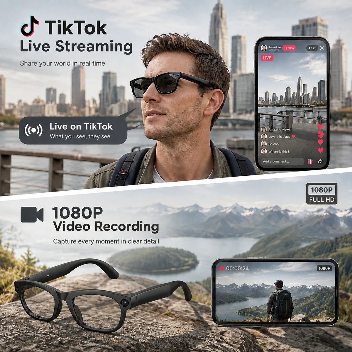 TOP1 Smart Glasses with Camera 13MP HD Video Live Streaming&Photo Capture Recording Glasses With ChatGPT Translation Men Women