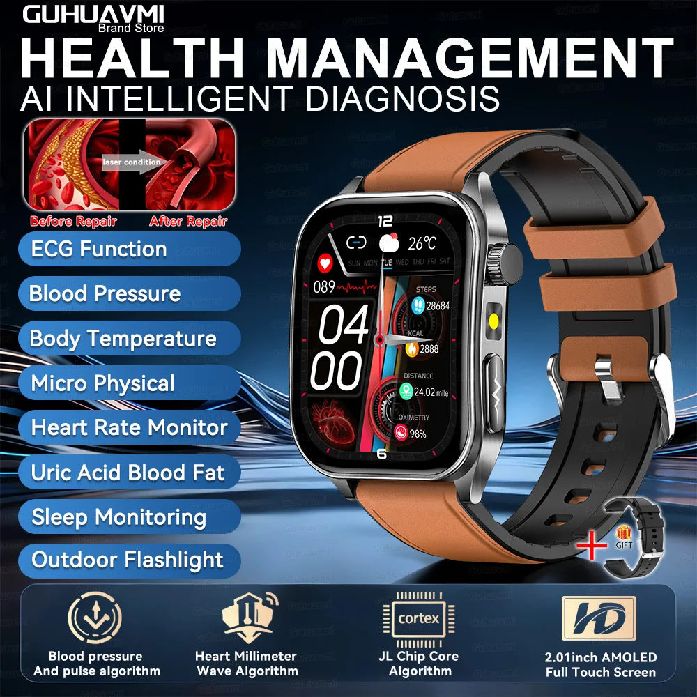 2026Hot AI-GPT Diagosis ECG Health SmartWatch Blood Pressure Lipid Uric Acid 650nm Dual-Probelaser Heart Analysis Smart Bracelet