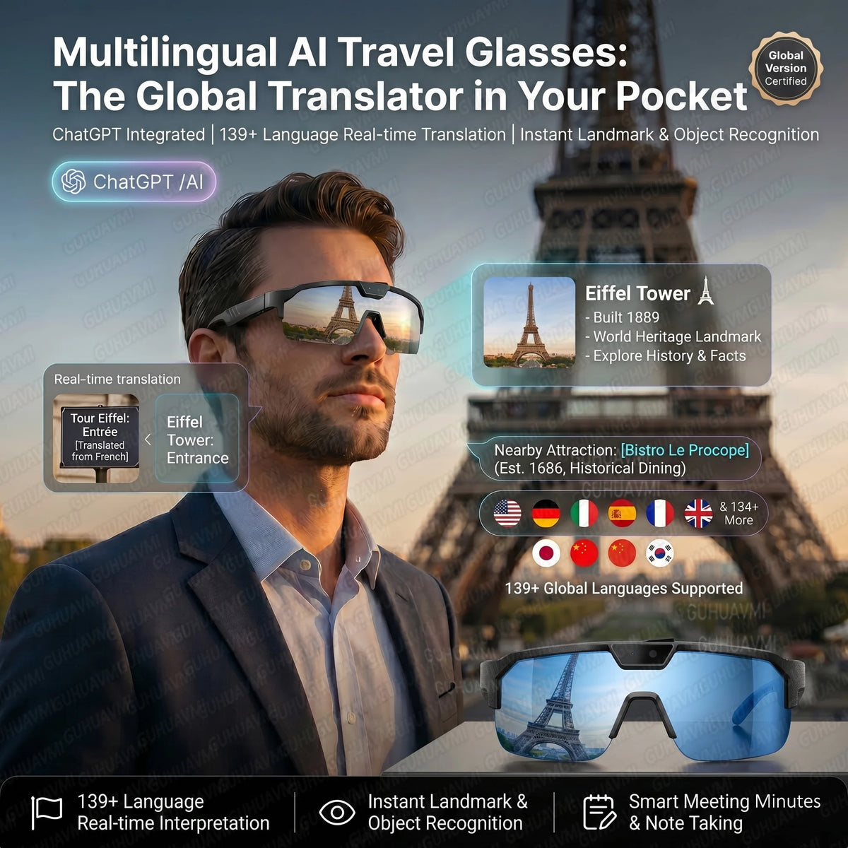 Smart Glasses with 4K HD Anti-Shake Camera & 3D Stereo Speakers Polarized UV400 Sport Sunglasses Bluetooth AI Outdoors Video POV