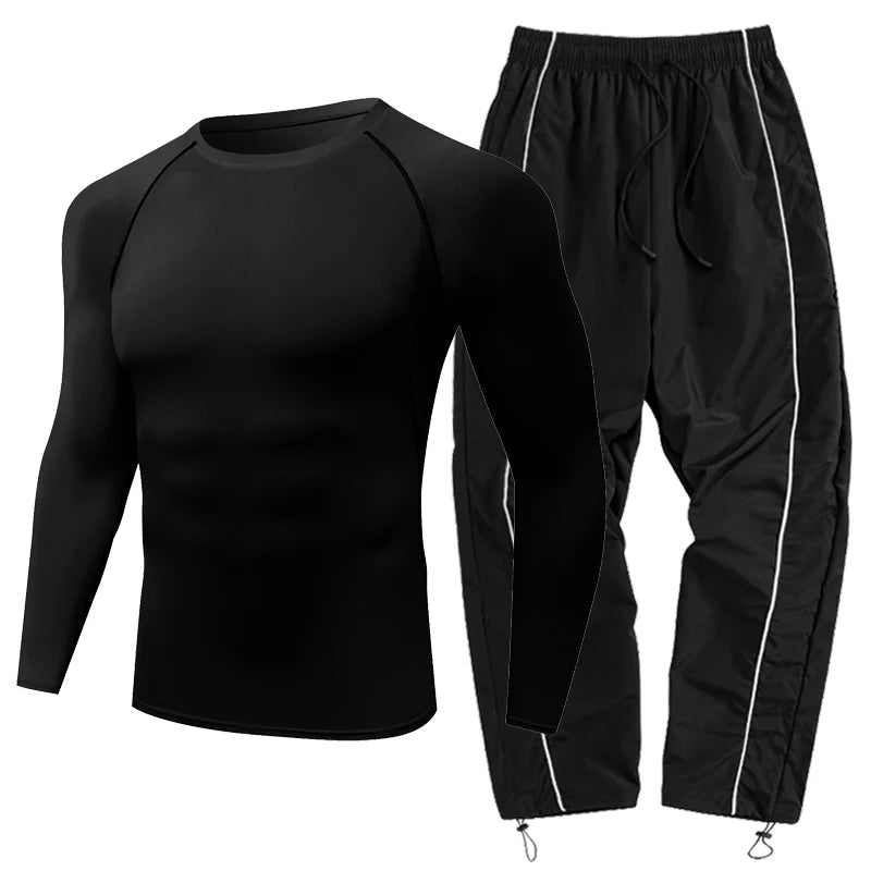 Mens Spring Fall Athletic 2 Piece Set Gym Workout Running Sportswear Long Sleeve Compression Shirt Pants Trousers Sweatpants