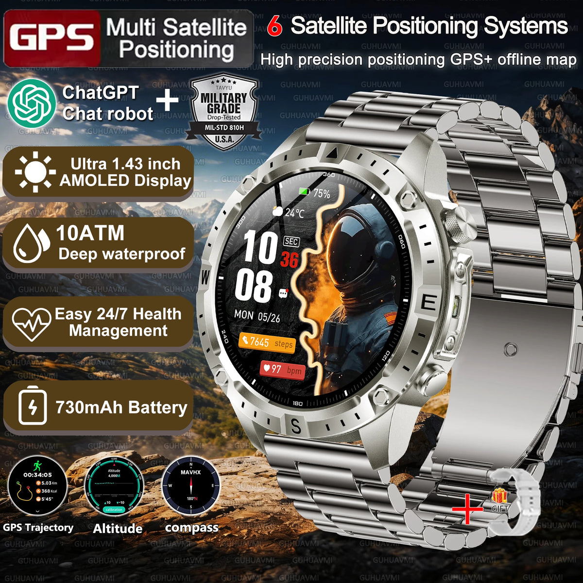 2026New Tank Grade Built in GPS SmartWatch Offline Map 10ATM Swim 2GB Music Compass Bluetooth Call Fitness Sports Smartwatch Men
