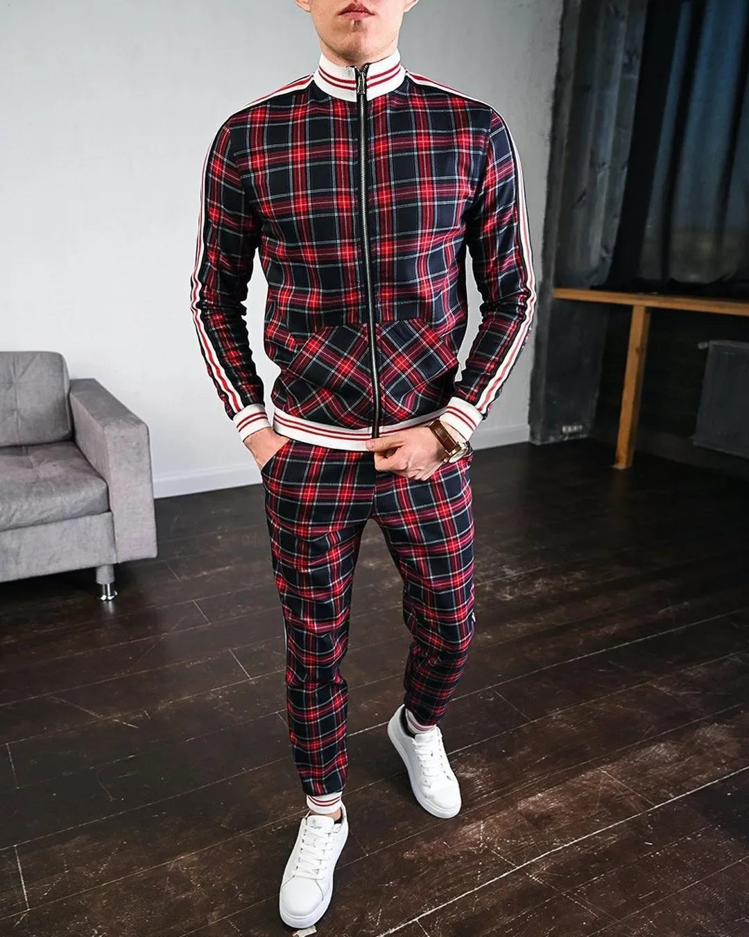 2-piece Autumn Winter New Men's Sports Set Clothes for Man Tracksuit Sport Checkered Zipper Sports Shirt Running Jogging Clothes