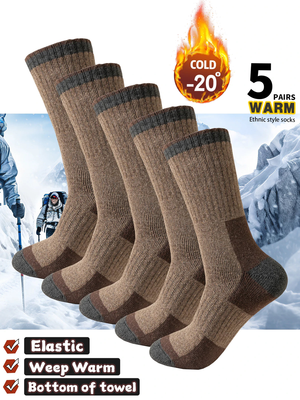 5 Pairs Men's Thickened Towel Socks for Hiking Sports Winter Warm Thermal Mid-calf Fleece Lined Retro Style