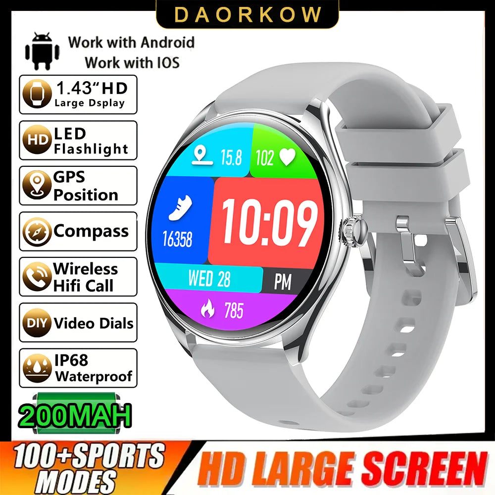 DAORKOW 2026 New 1.43-Inch AMOLED 466*466 Screen Men and Women Bluetooth Call Sports Fitness Ultra-Thin Waterproof Smart Watch