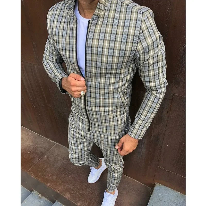 2-piece Autumn Winter New Men's Sports Set Clothes for Man Tracksuit Sport Checkered Zipper Sports Shirt Running Jogging Clothes