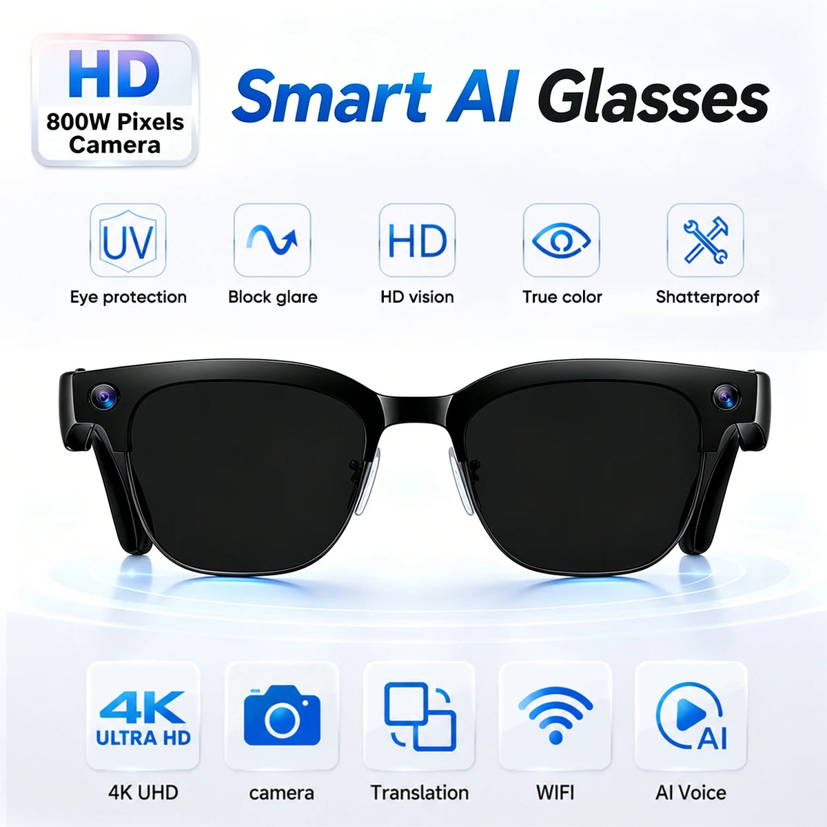 2026 New 4K HD 800W Camera Smart AI Glasses Video Photo Recognition AI Translation Chat GPT Hands-Free Calling Smart Sunglasses