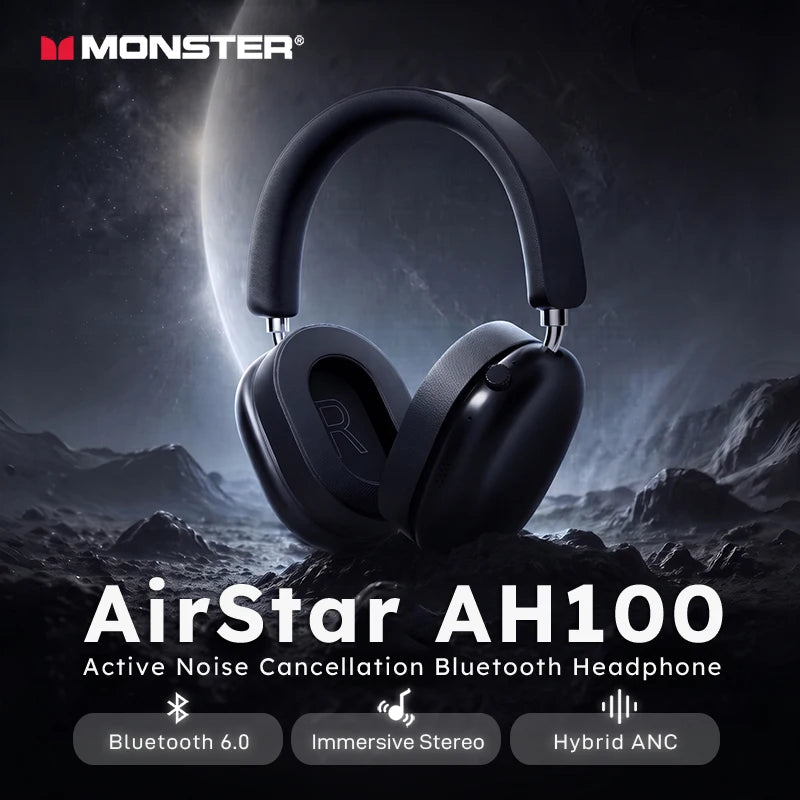 Monster AH100 ANC Over-Ear Headphone Bluetooth 6.0 -45dB Active Noise Cancelling Earphones Hifi Stereo Wire/Wireless Headset