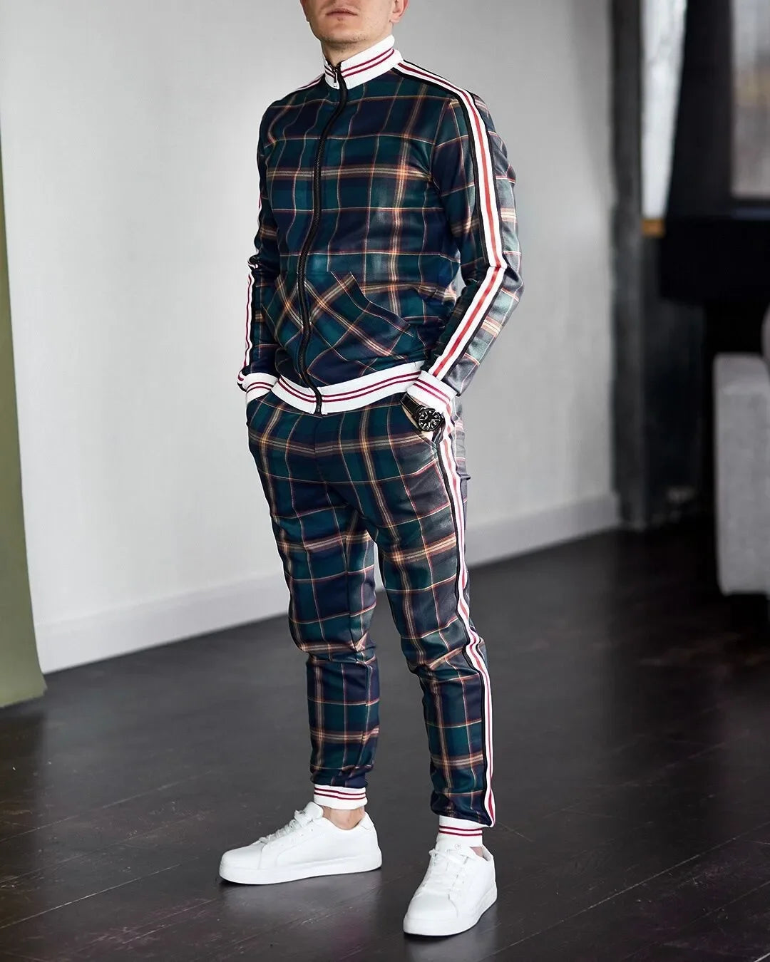 2-piece Autumn Winter New Men's Sports Set Clothes for Man Tracksuit Sport Checkered Zipper Sports Shirt Running Jogging Clothes