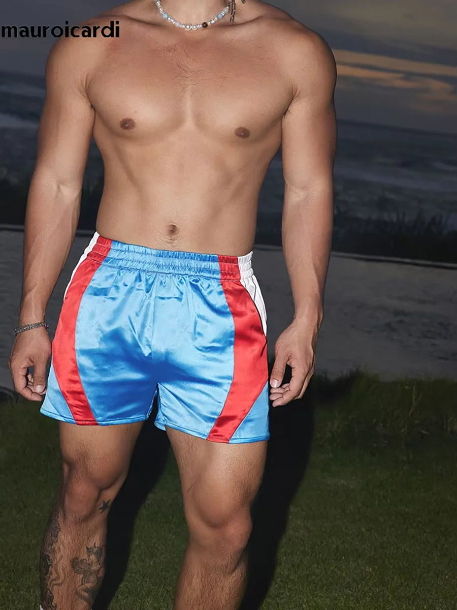 Mauroicardi Spring Summer Color Block Patchwork Satin Shorts for Men High Waist Luxury American Retro Pants Menswear Clothing