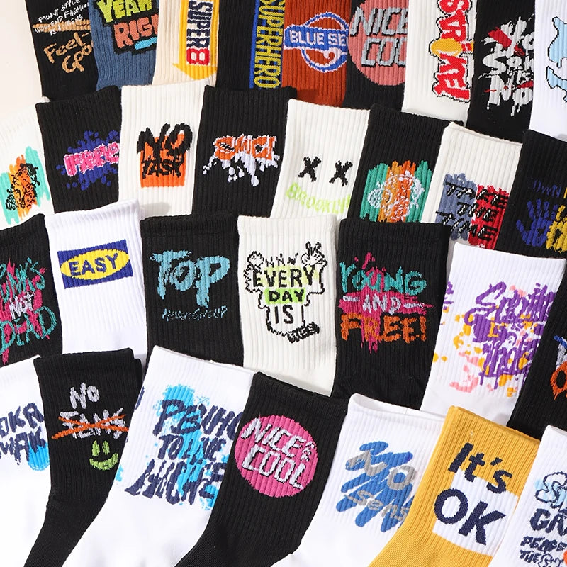 5 Pairs/10 Pairs Four Season Unisex Personalized Creative Trendy Cool Letters Versatile Street Hip-Hop Long Tube Sports Socks