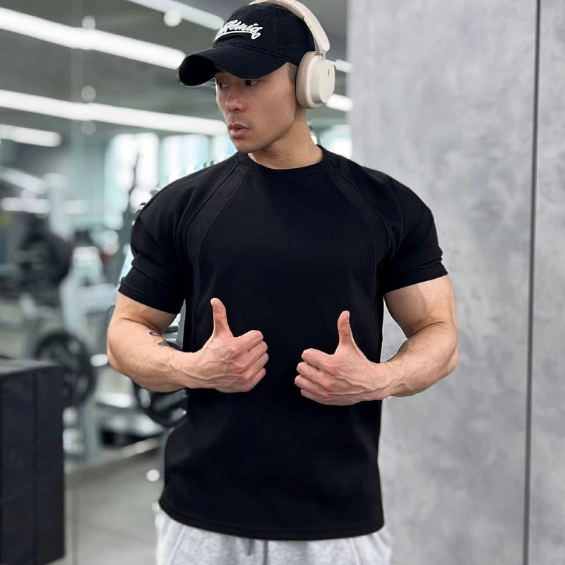 New Summer Leisure Running T-Shirt Gym Training Tops Elastic Quick Drying Pure Color Short Sleeve Sports T-Shirt Men Sportswear