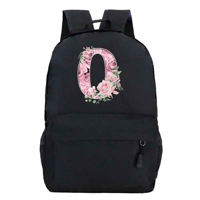 Pink Rose Alphabet Backpack Black Casual Women Aesthetics Rucksack Teenage Girl Boy Flower Letter School Bag Student Mochilas