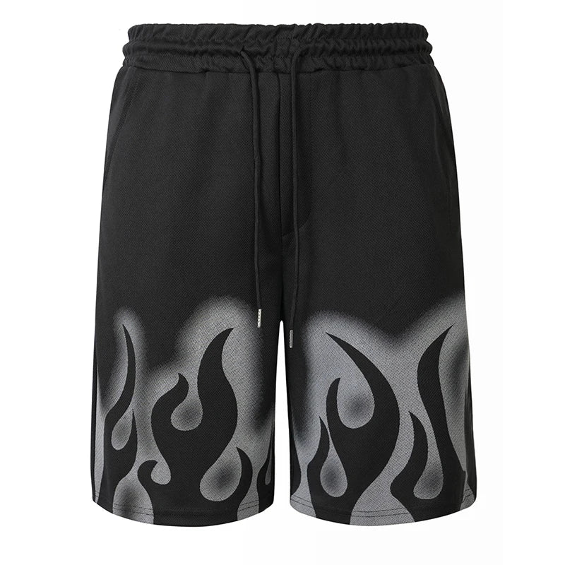 Men Flame Print Loose Hip Hop Shorts Elastic Drawstring Waist Exquisite Hem Breathable Street Daily Travel Outdoor Casual Shorts