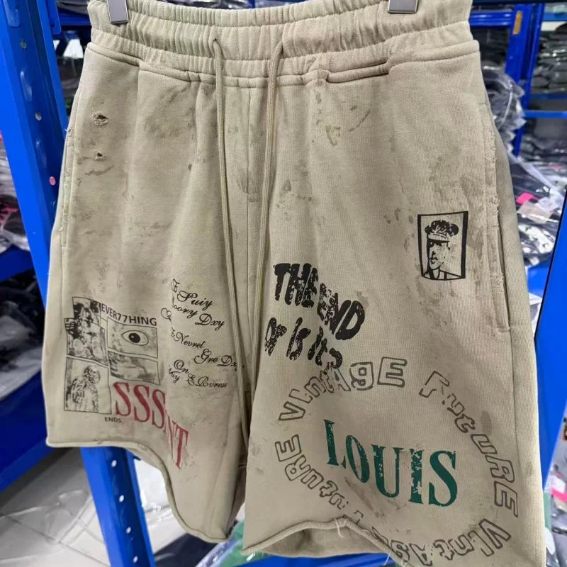 Y2K Grunge Sweat Shorts Men Vintage Washed Graphic Print Loose Fit Streetwear Casual Shorts