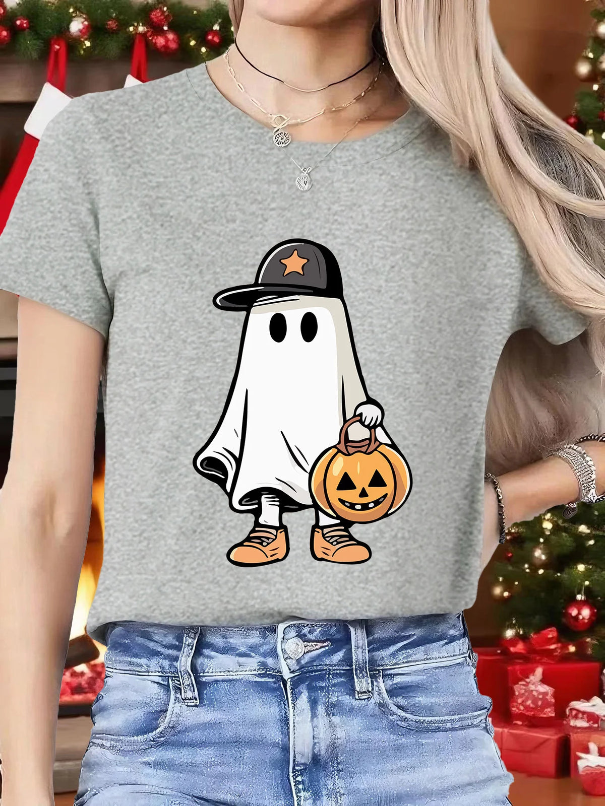 Cute Ghost Cap Pumpkin Basket Womens Crew Neck Short Sleeve T Shirt Halloween Cartoon Spooky Casual Graphic Tees For Ladies