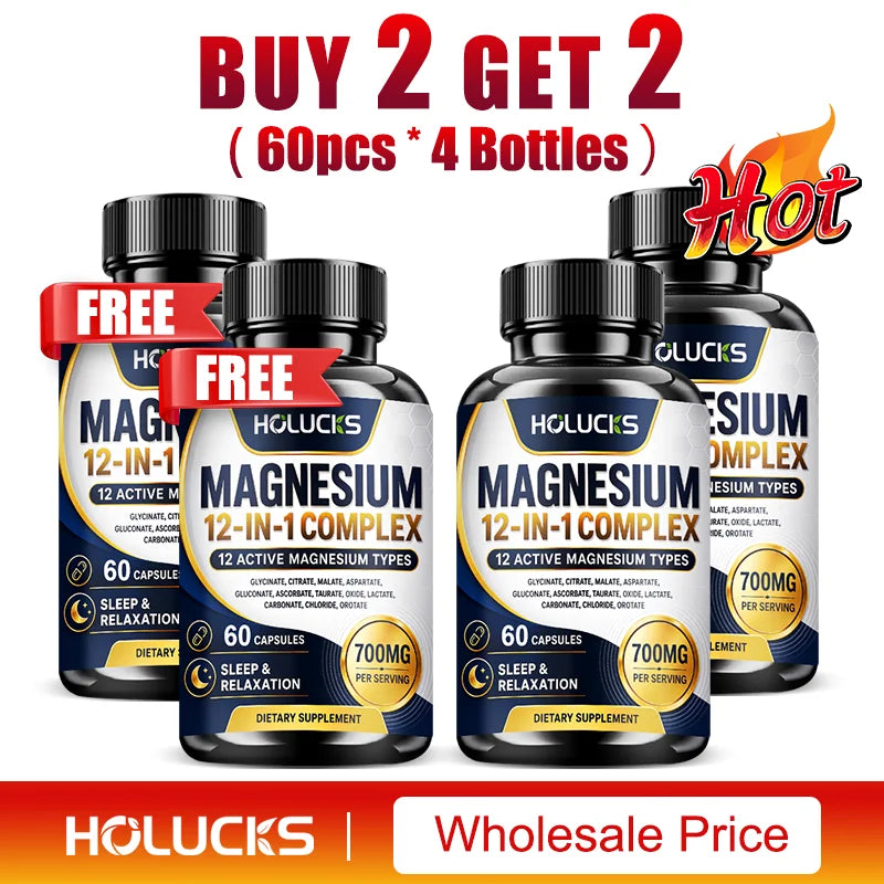 Magnesium 12-IN-1 Complex Capsules - Bone & Heart Health Supplement, Sleep Support,Muscle Relaxation,Stress & Anxiety Relief