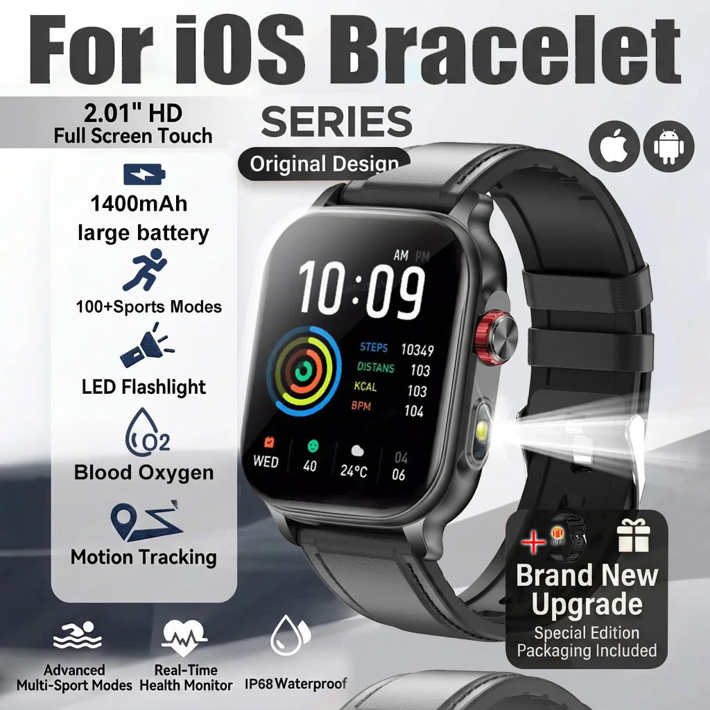 New1400mAh Large Battery Smart Watch 5ATM Waterproof LED Flashlight 100+ Sports Modes Heart Rate Fitness Tracker Men Smart Watch