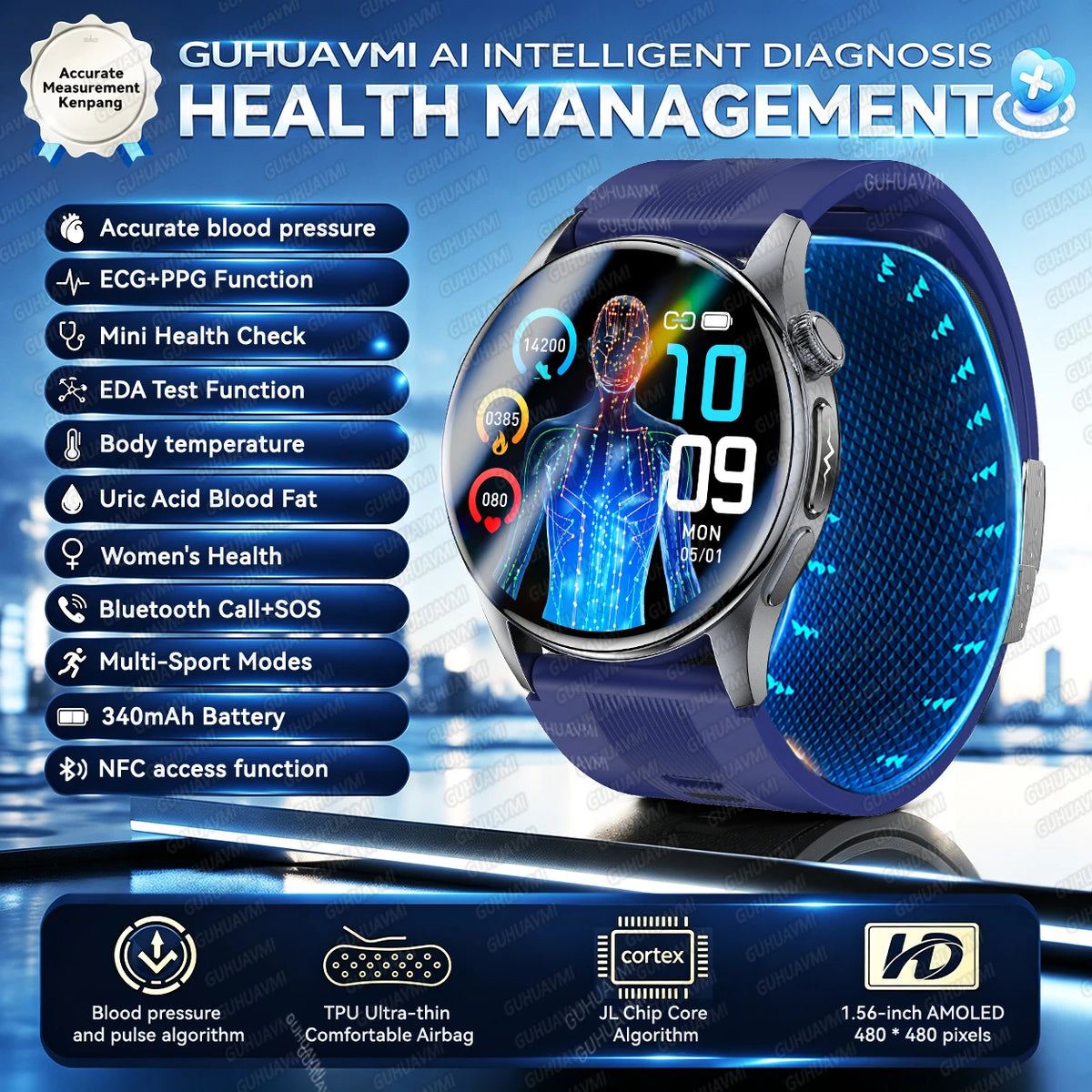 2026New Upgrade Airbag Health Smart Watch Accurate Blood pressure Uric Acid ECG 1.56“AMOLED Screen payment Fitness Nursing Watch