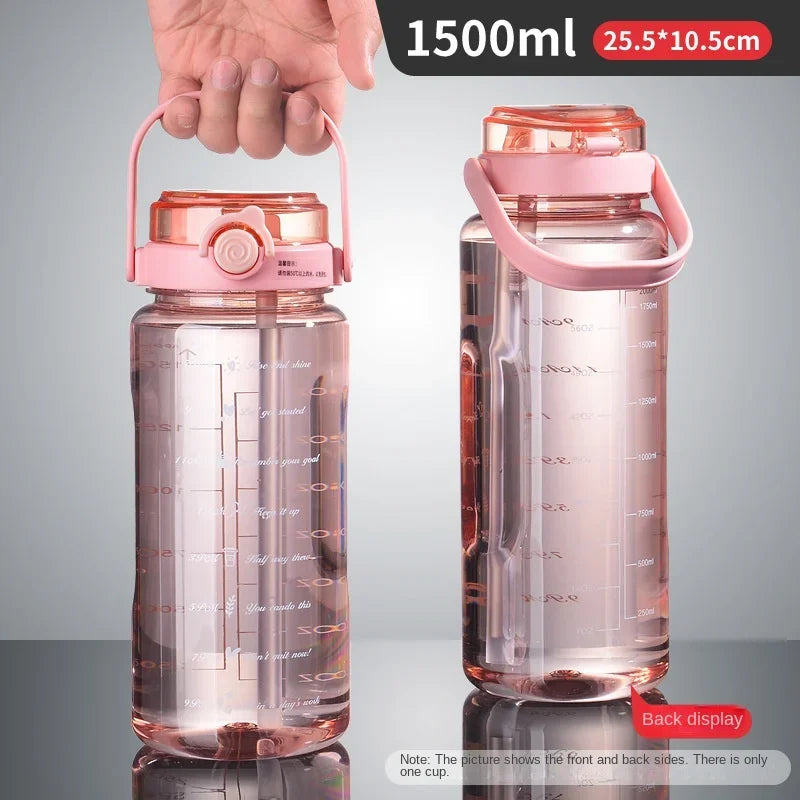 1.5L Sports Water Cup With Straws & Handle BPA-Free Leak-Proof Portable Water Bottle Large Capacity Plastic Straw Water Cup