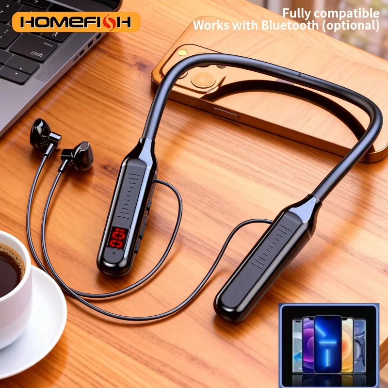Wireless BT Neckband Headphones with Digital Display Function, Large-Capacity Semi-In-Ear Sports Stereo Headphones