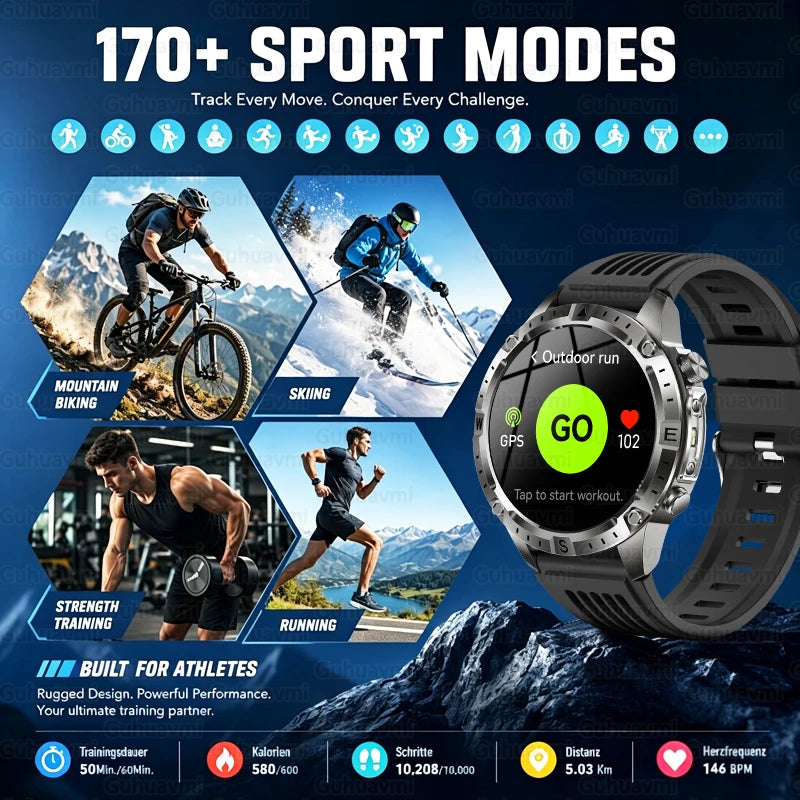 2026 New Rugged Military Smartwatch 2GB Memory GPS Offline Maps Compass 24H Heart Rate 10ATM Waterproof Bluetooth Sports Watches