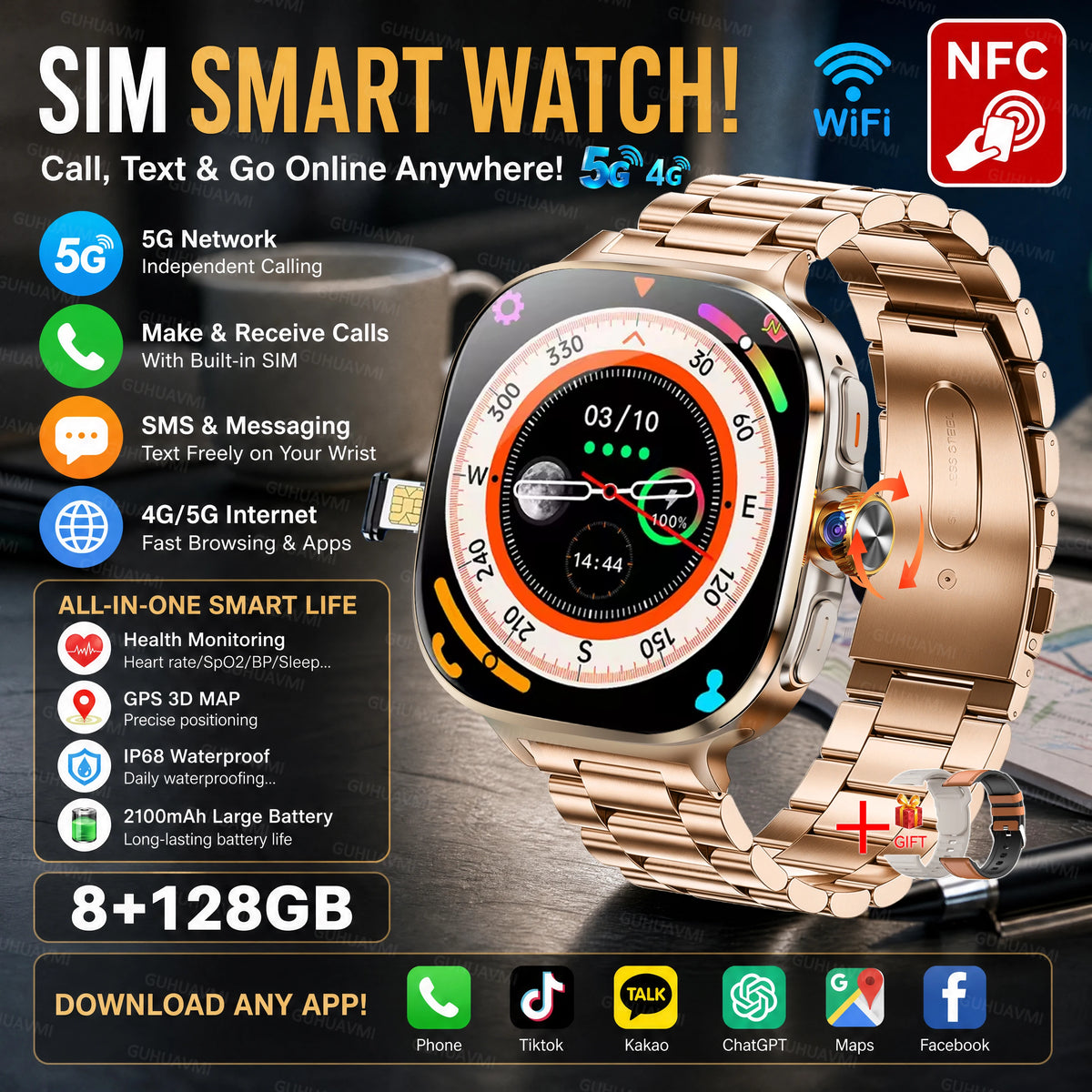 2026 New 5G/4G Smart Watch 8+128GB SIM WiFi GPS Google Maps HD Camera Video Call AI Assistant Google Play Smart Watch Men Lady